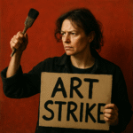 A defiant artist stands against a deep red backdrop, holding a cardboard sign that reads ‘Art Strike’ in bold black letters while raising a paintbrush like a protest symbol, embodying resistance to the commercialized art market