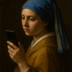 “A hyper-realistic reinterpretation of Vermeer’s ‘Girl with a Pearl Earring,’ showing a young woman in a blue headscarf and golden robe intently looking at a smartphone, blending Old Master painting style with modern technology.”