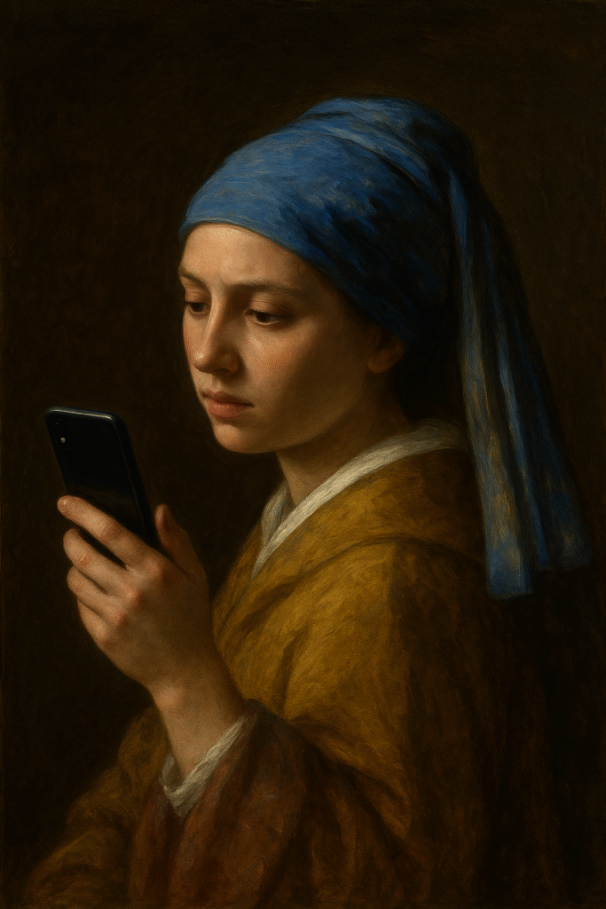 “A hyper-realistic reinterpretation of Vermeer’s ‘Girl with a Pearl Earring,’ showing a young woman in a blue headscarf and golden robe intently looking at a smartphone, blending Old Master painting style with modern technology.”