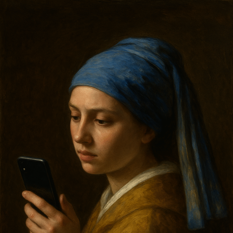 “A hyper-realistic reinterpretation of Vermeer’s ‘Girl with a Pearl Earring,’ showing a young woman in a blue headscarf and golden robe intently looking at a smartphone, blending Old Master painting style with modern technology.”