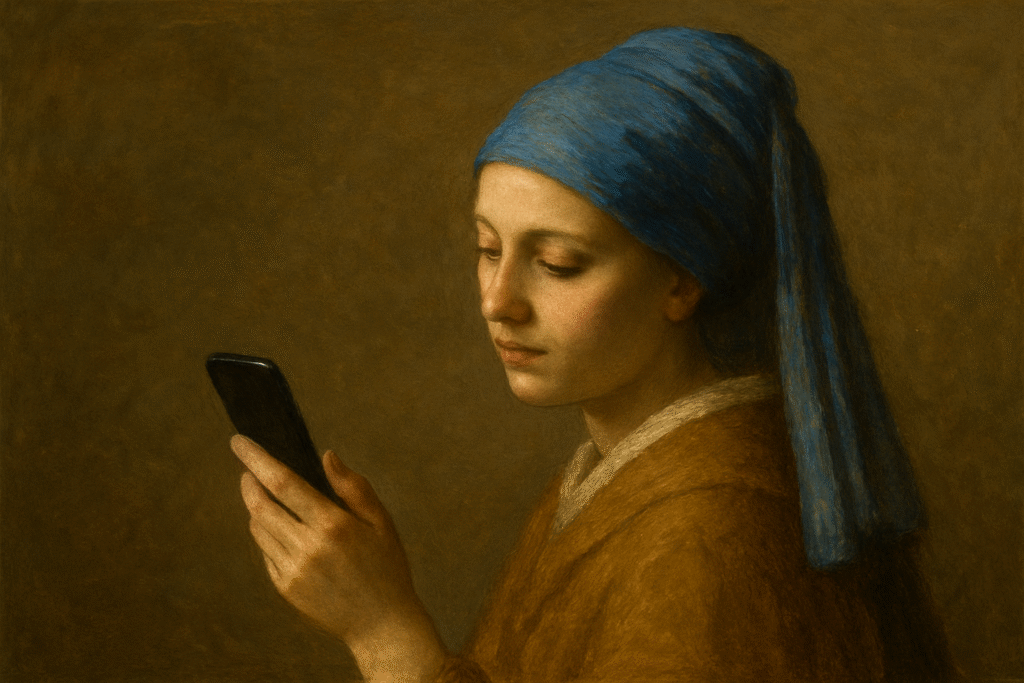 Reframing the Old Masters: When Historical Art Speaks to Gen Z “A hyper-realistic reinterpretation of Vermeer’s ‘Girl with a Pearl Earring,’ showing a young woman in a blue headscarf and golden robe intently looking at a smartphone, blending Old Master painting style with modern technology.”