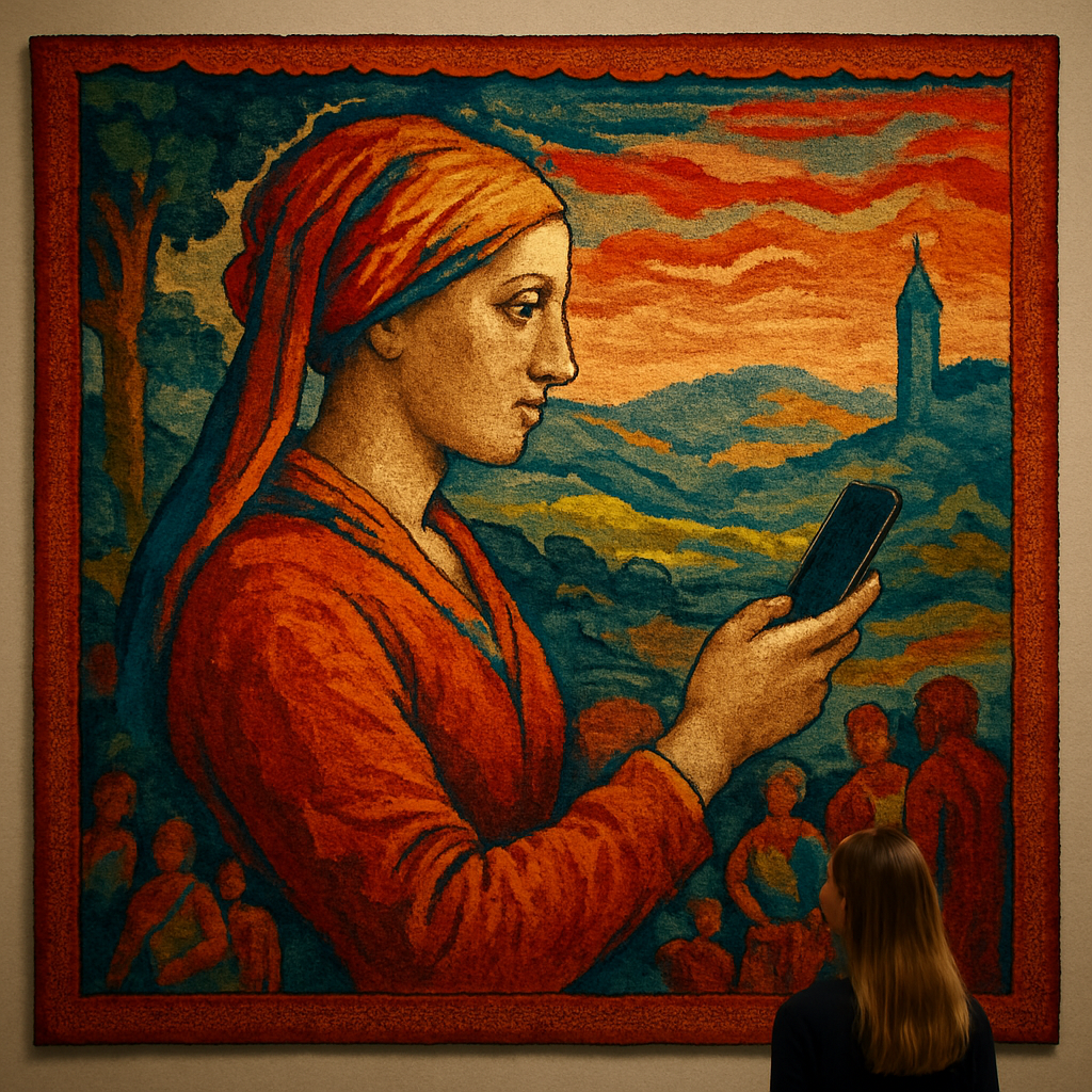 The Forgotten Medium: Why Tapestry is the Future of Monumental Art A richly woven tapestry in warm reds, blues, and golds depicting a serene woman in profile wearing a headscarf, set against a dramatic sunset landscape with rolling hills, a distant tower, and abstract figures, evoking the grandeur and storytelling tradition of monumental textile art.