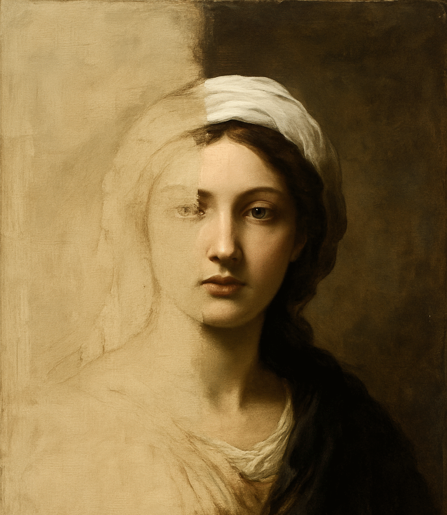 A classical oil painting of a young woman shown half-finished. The right side of her face and clothing is rendered with lifelike detail, while the left side fades into rough sketch lines and raw underpainting, symbolizing the beauty of incompletion and the unfinished masterpiece.