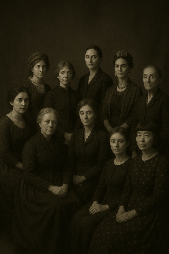 Sepia-toned group portrait of ten pioneering female artists from different eras, posed together in a vintage studio setting. Some are seated and others are standing, all dressed in simple dark clothing, lit with soft chiaroscuro-style lighting that highlights their faces and creates a timeless, intimate atmosphere.